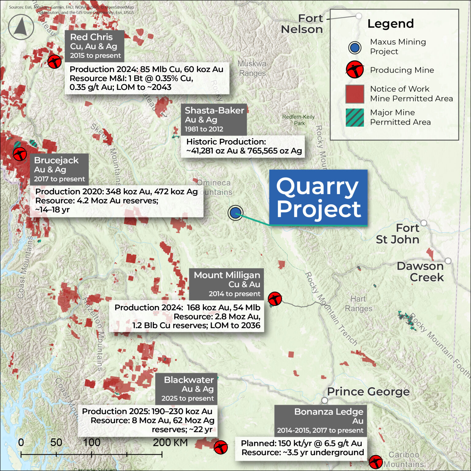 Quarry Antimony Project regional location map showing nearby producing mines in British Columbia — Maxus Mining