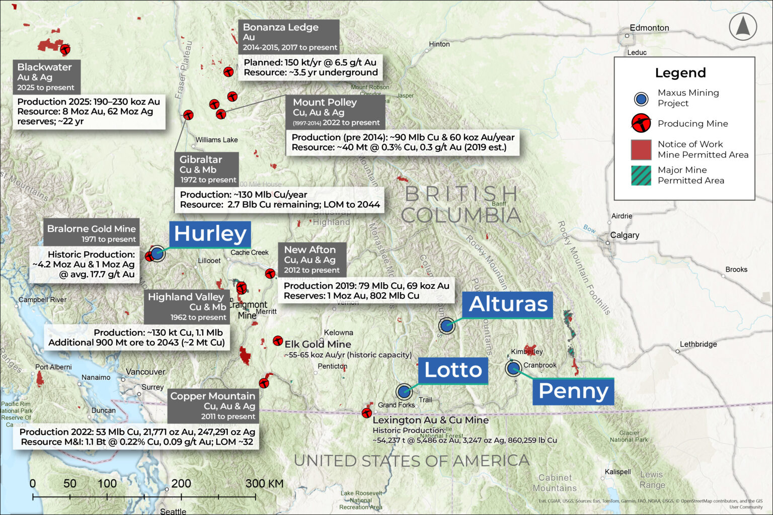 Maxus Mining project locations map showing Hurley, Alturas, Lotto and Penny projects in southern British Columbia — Maxus Mining